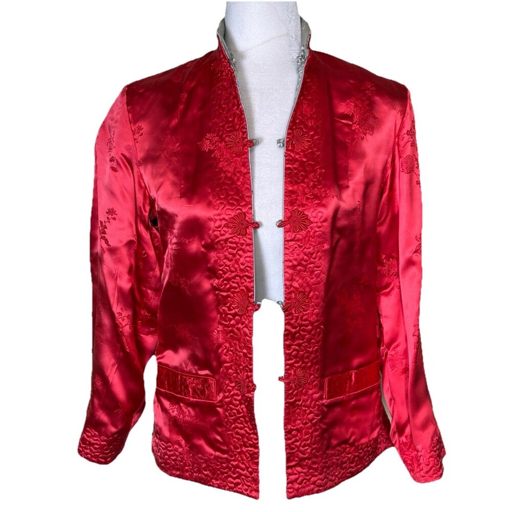 Vintage Peony Shanghai Red Gray Satin Reversible Jacket Women's Size Small‎
